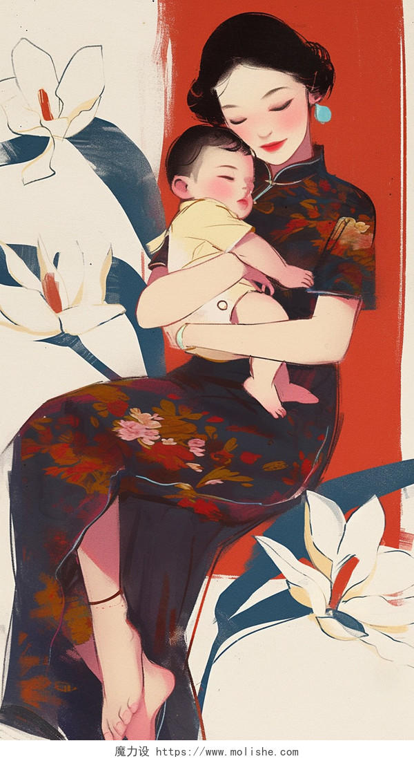 民国风手绘母亲抱着孩子AI插画母亲节